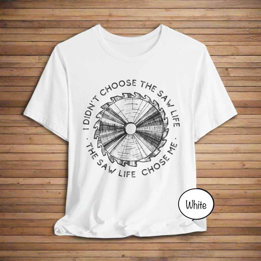 White t-shirt with black graphic design and text on a white background