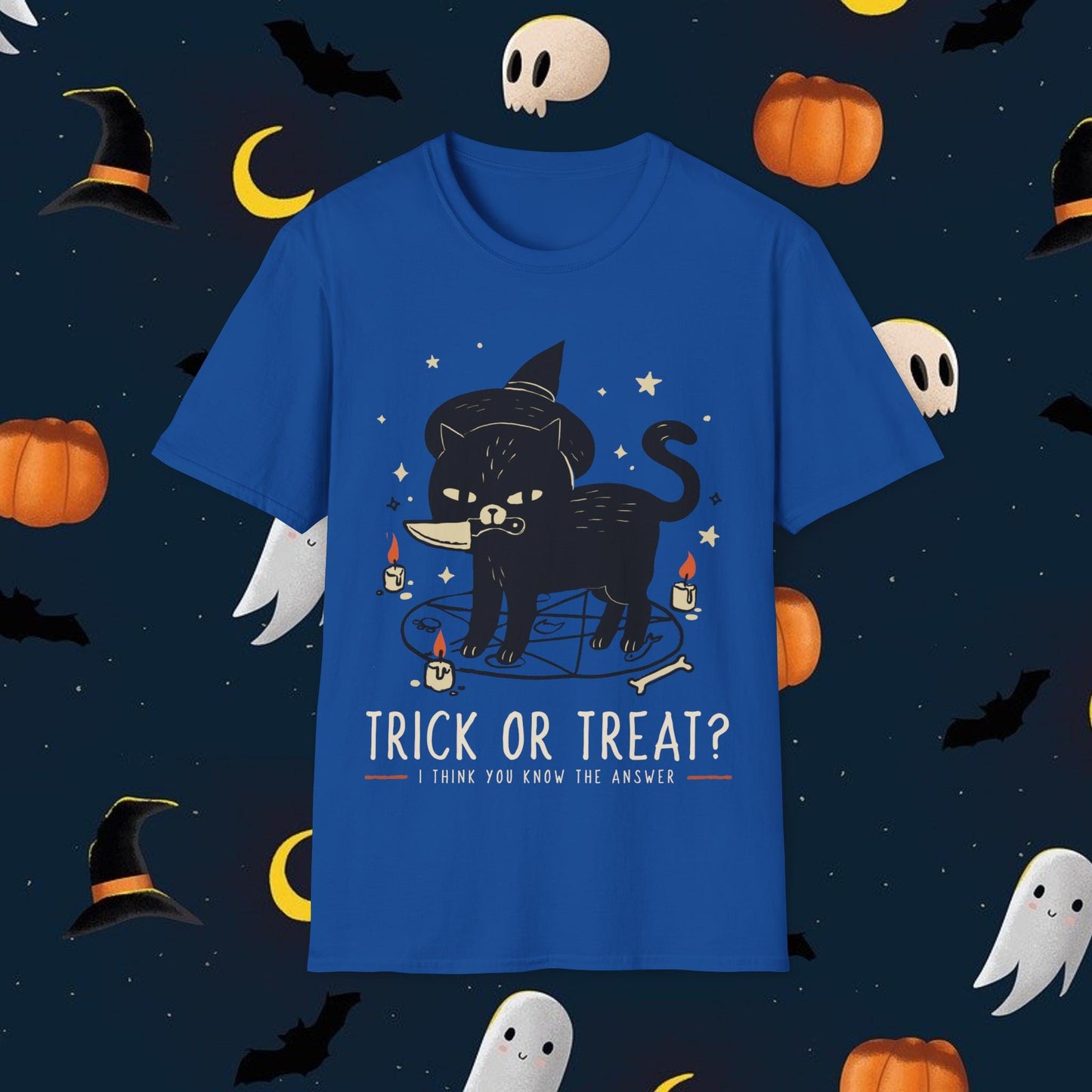 Funny Trick or Treat Black Cat Halloween T-shirt, Cute Animal shirt, Lazy Halloween Costume Idea for Cat Lovers, Spooky Sinister cat