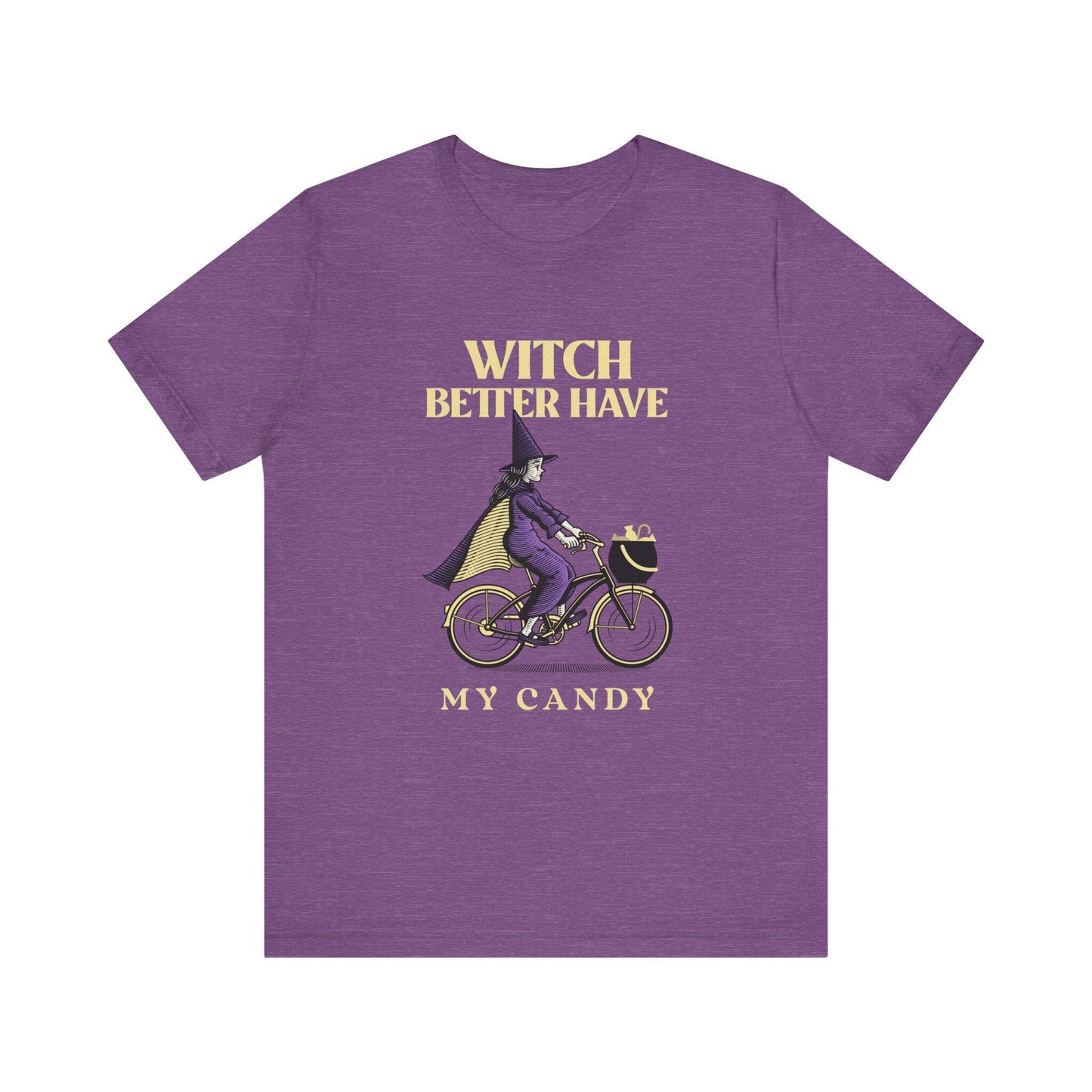 Purple t-shirt with a witch riding a bike graphic and text on a white background