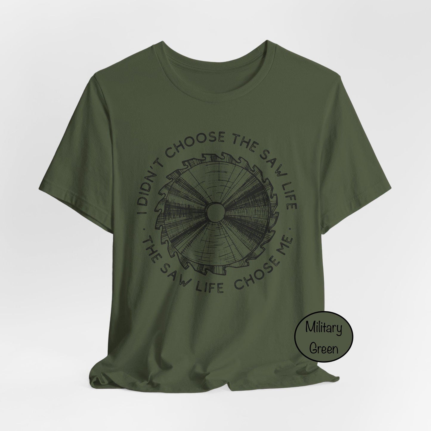 Green t-shirt with text and graphic design on a white background