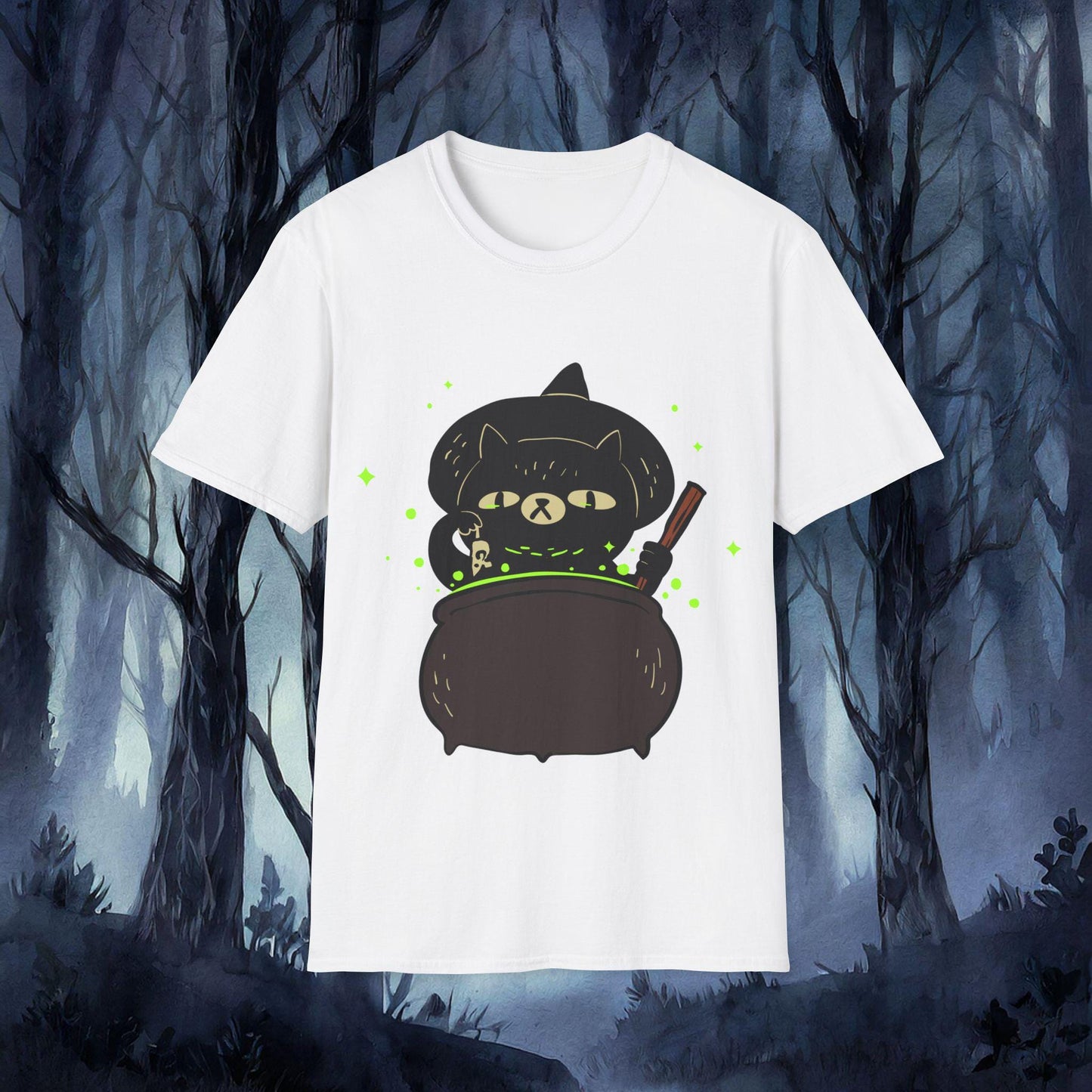 White t-shirt with a black cat design in a forest setting