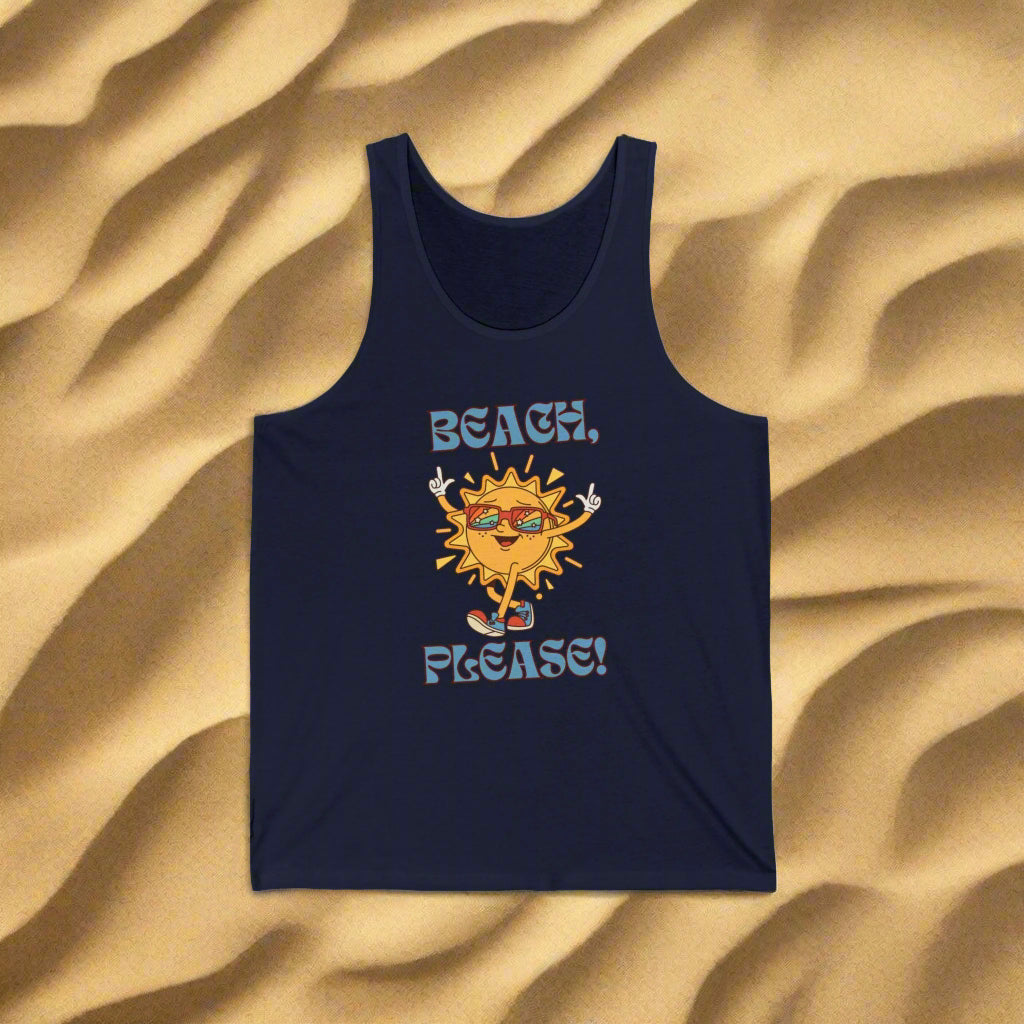 Navy tank top with a sun graphic and 'Beach, Please!' text on a beach background