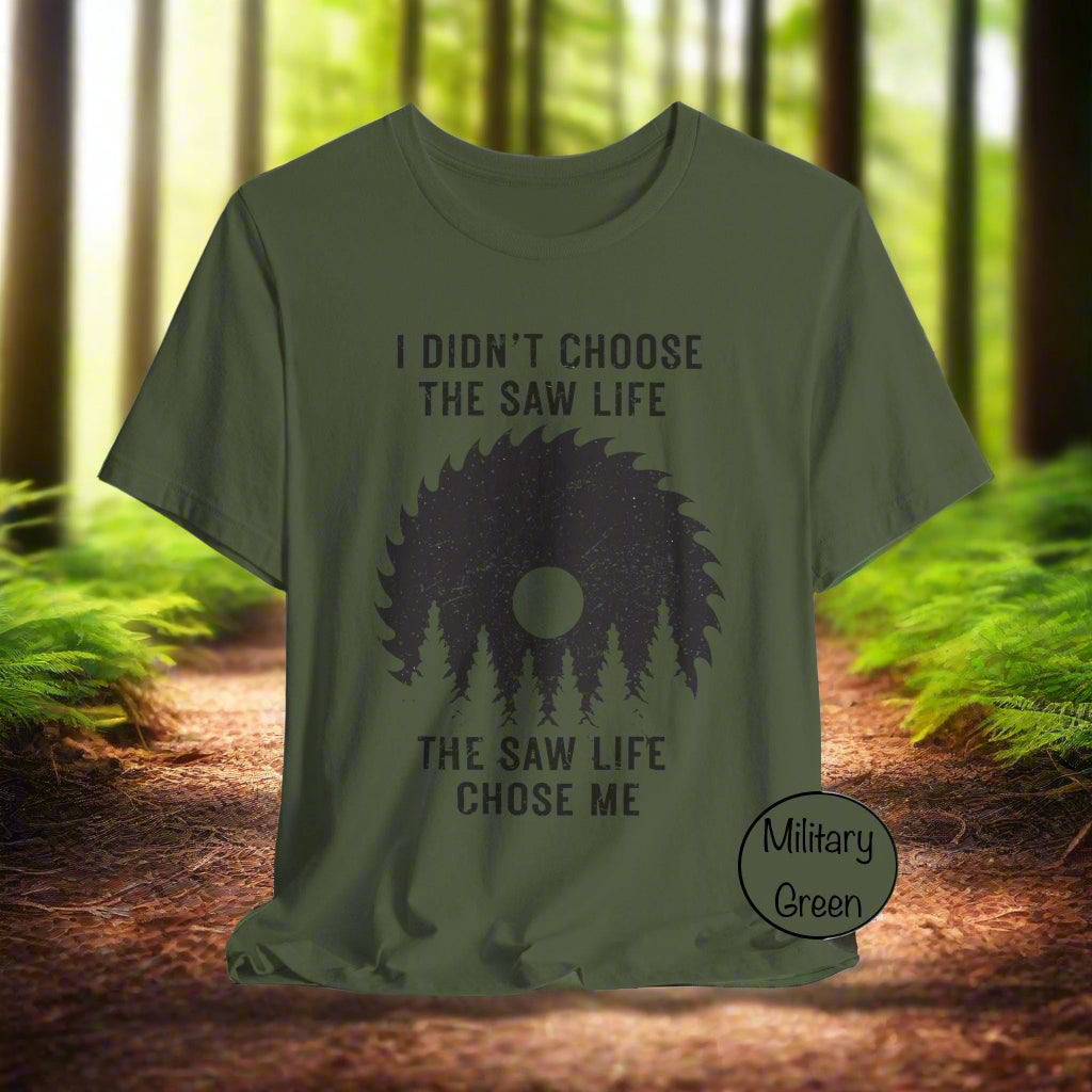 Military green t-shirt with graphic design and text on a white background