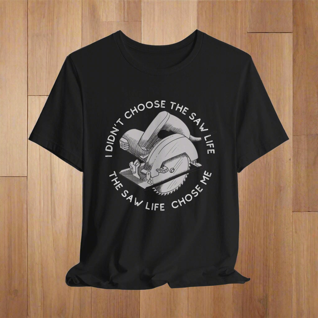 Black t-shirt with a graphic and text on a white background