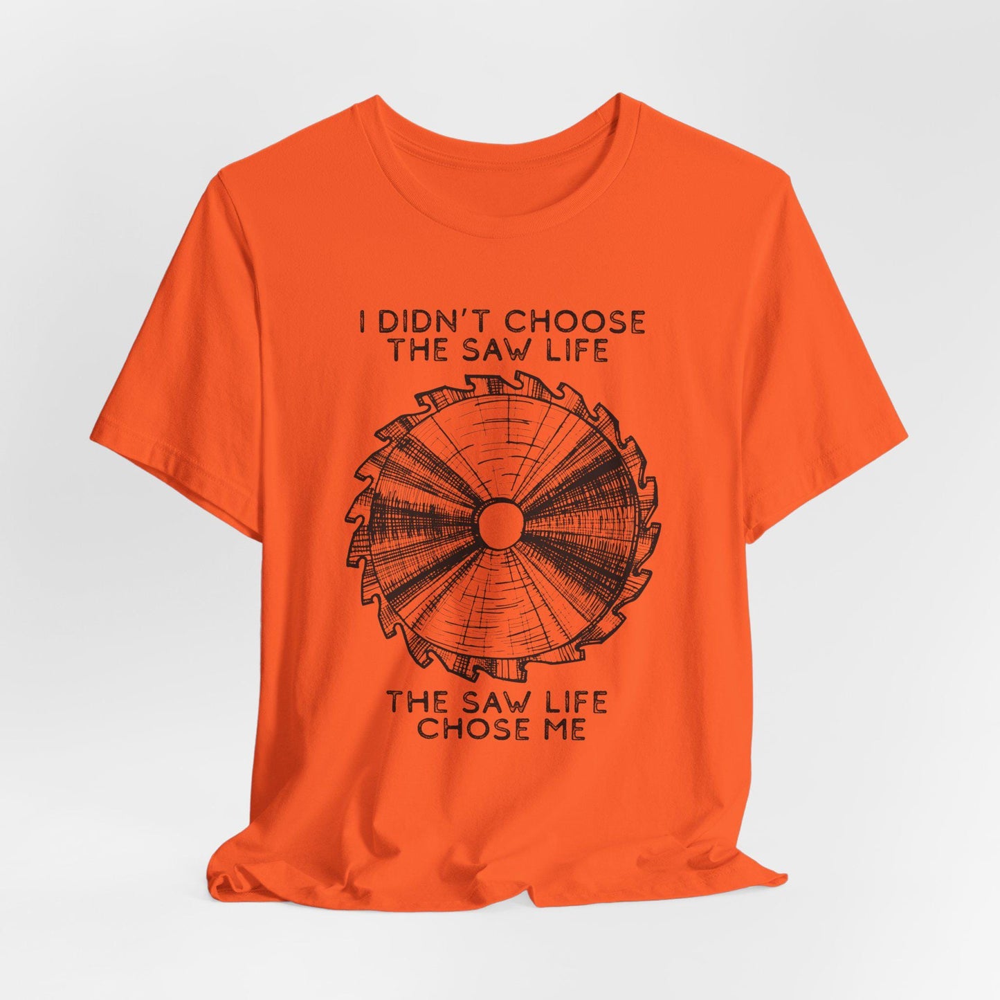 Orange t-shirt with black graphic and text on a white background