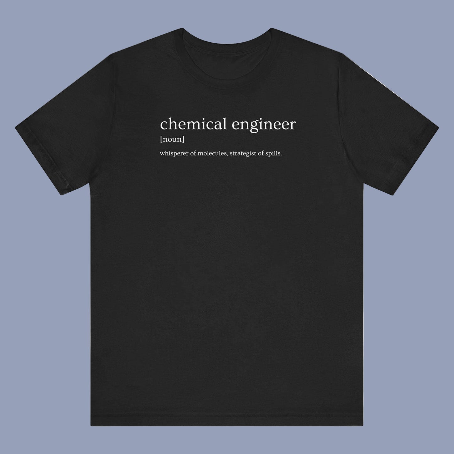 Black t-shirt with text 'chemical engineer' on a white background