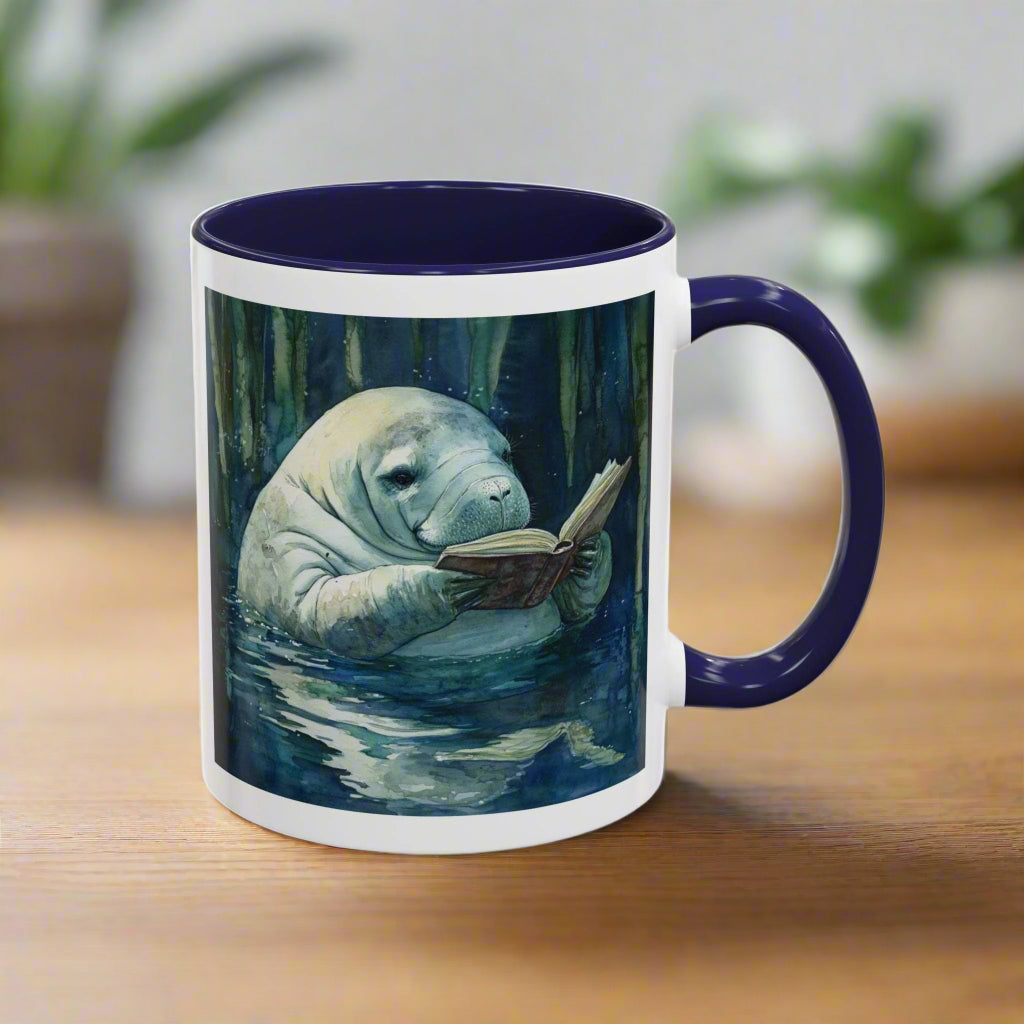 Mug with a design of a manatee reading a book in a forest setting.