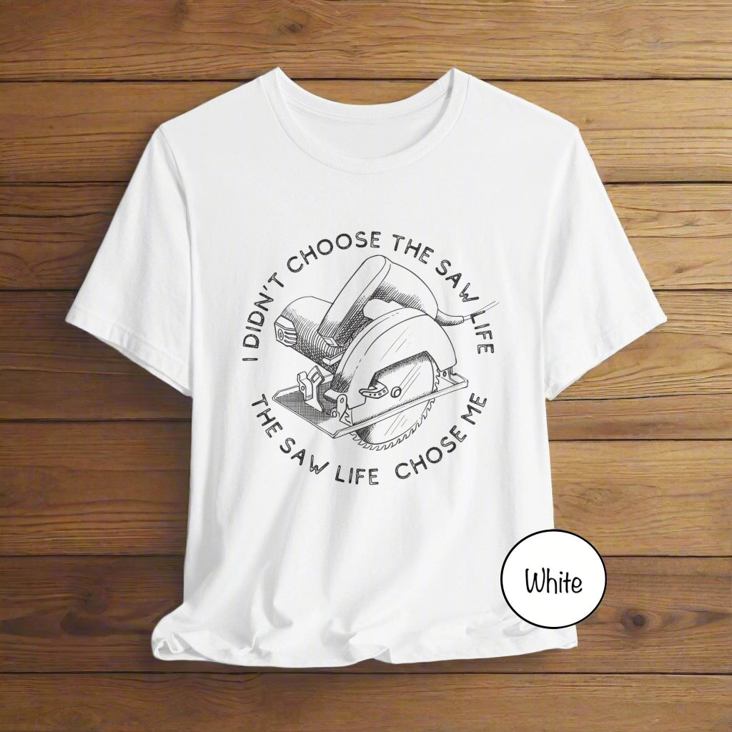 White t-shirt with a graphic and text on a white background
