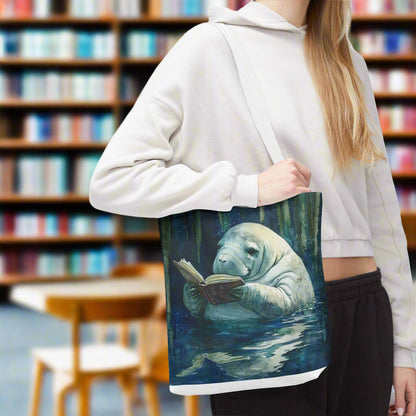Person holding a tote bag with a design of a manatee reading a book underwater.