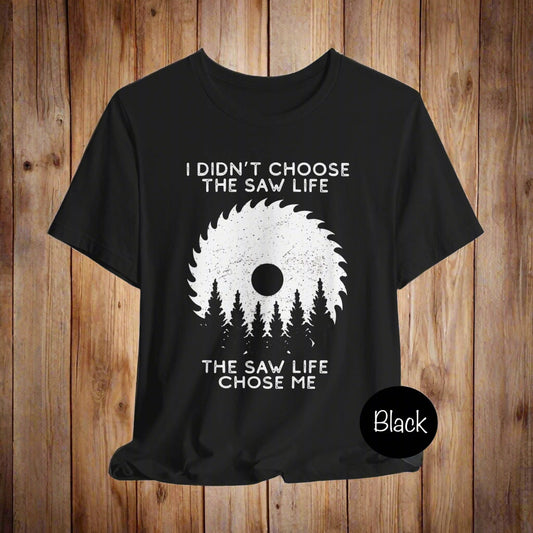 Black t-shirt with white graphic and text on a light gray background