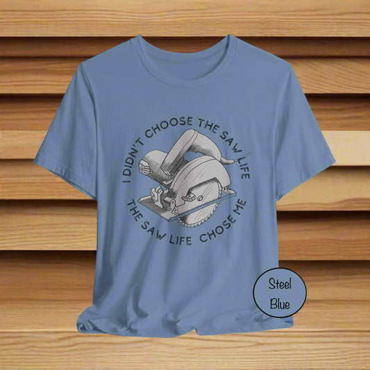 Blue t-shirt with a graphic and text on a light gray background