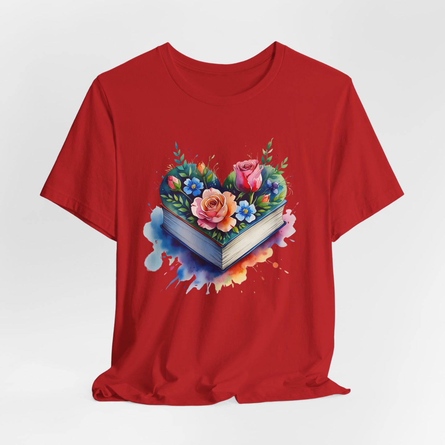 Red t-shirt with a colorful floral design on a white background