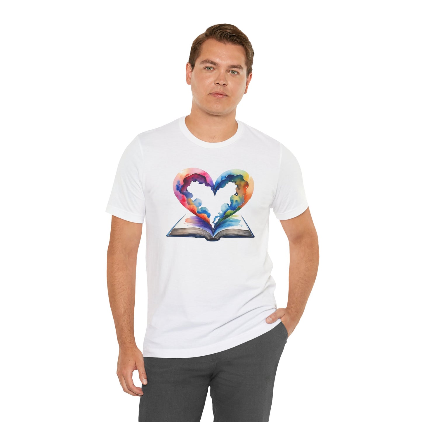 Colorful Book-Love Tee in Heart Shaped Watercolors with Space Cloud Vibes