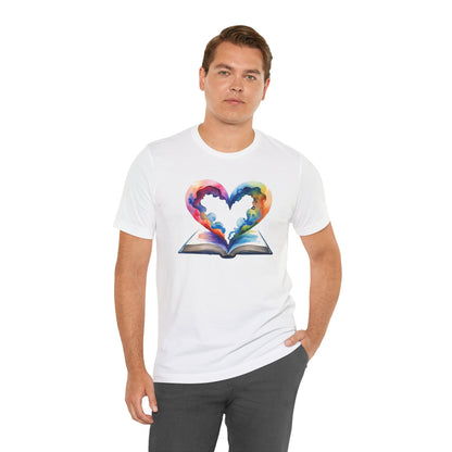 Colorful Book-Love Tee in Heart Shaped Watercolors with Space Cloud Vibes