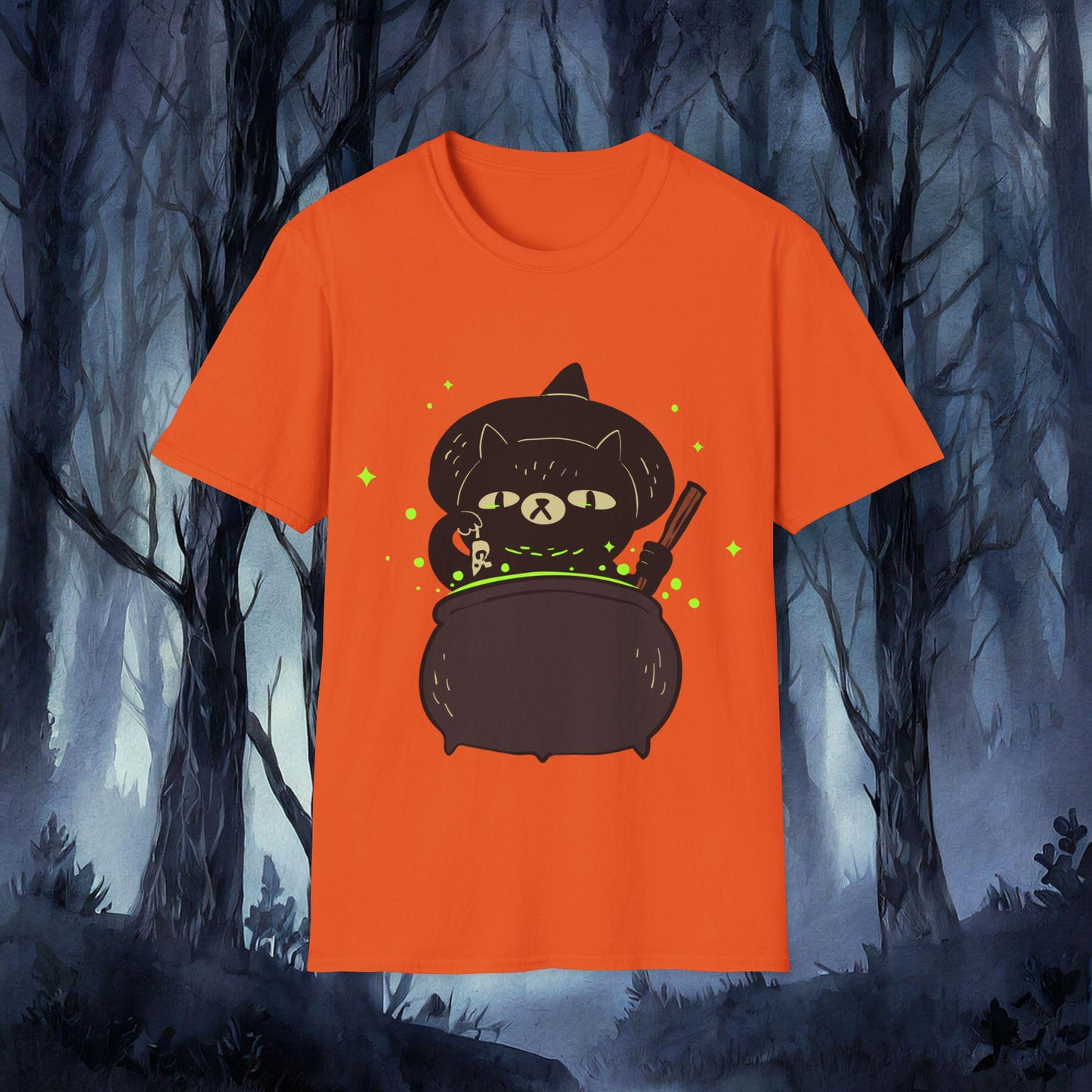 Orange t-shirt with a black cat and cauldron design against a dark forest background