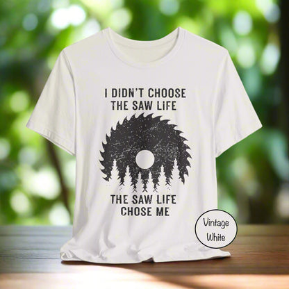 White t-shirt with black graphic and text on a white background