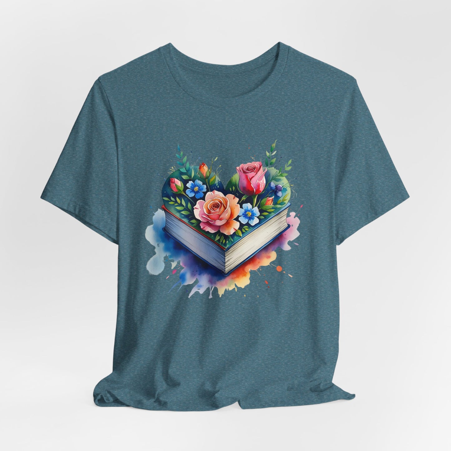 Blue t-shirt with a colorful floral design on a white background