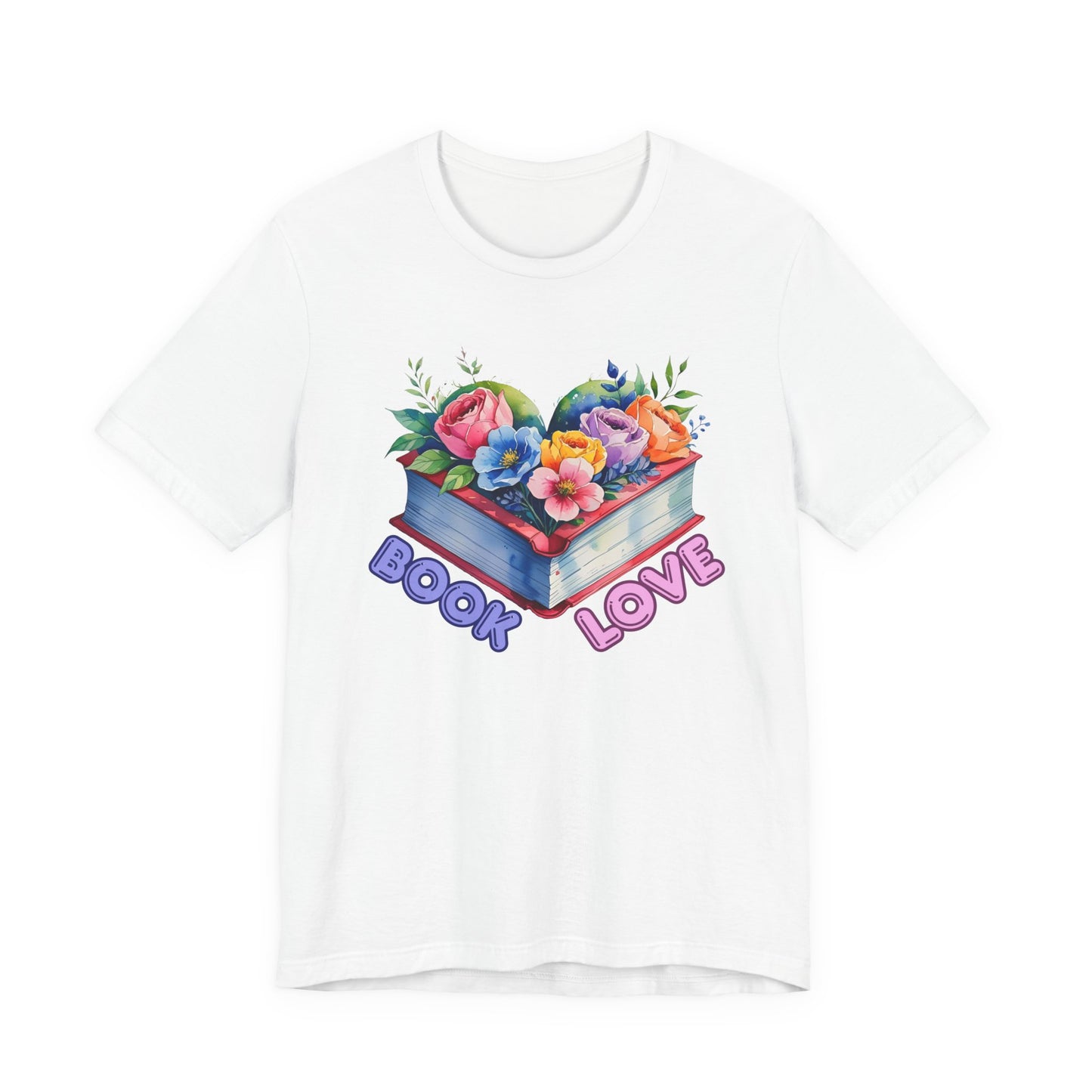 White t-shirt with a colorful floral design and 'BOOK LOVE' text on a white background