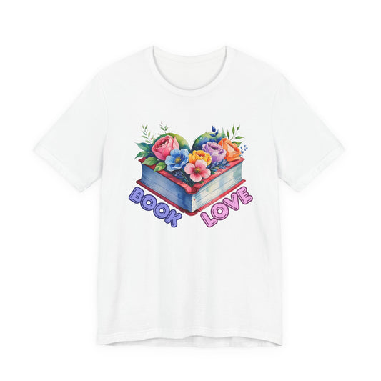 White t-shirt with a colorful floral design and 'BOOK LOVE' text on a white background