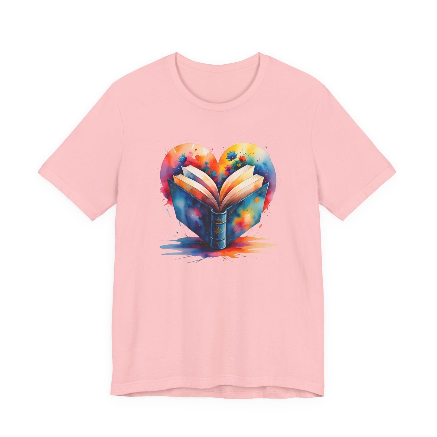 Book Lover Tee - Colorful Watercolor Open Book and Heart Unisex Jersey Short Sleeve Tee