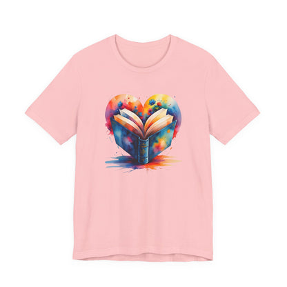 Book Lover Tee - Colorful Watercolor Open Book and Heart Unisex Jersey Short Sleeve Tee