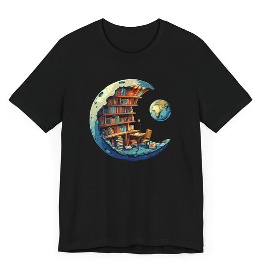 Black t-shirt with a moon-shaped bookshelf design on a white background