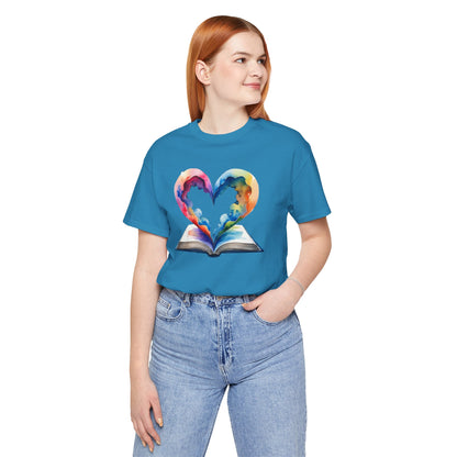 Colorful Book-Love Tee in Heart Shaped Watercolors with Space Cloud Vibes