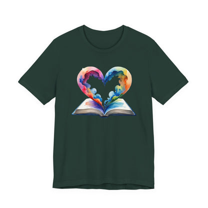 Colorful Book-Love Tee in Heart Shaped Watercolors with Space Cloud Vibes