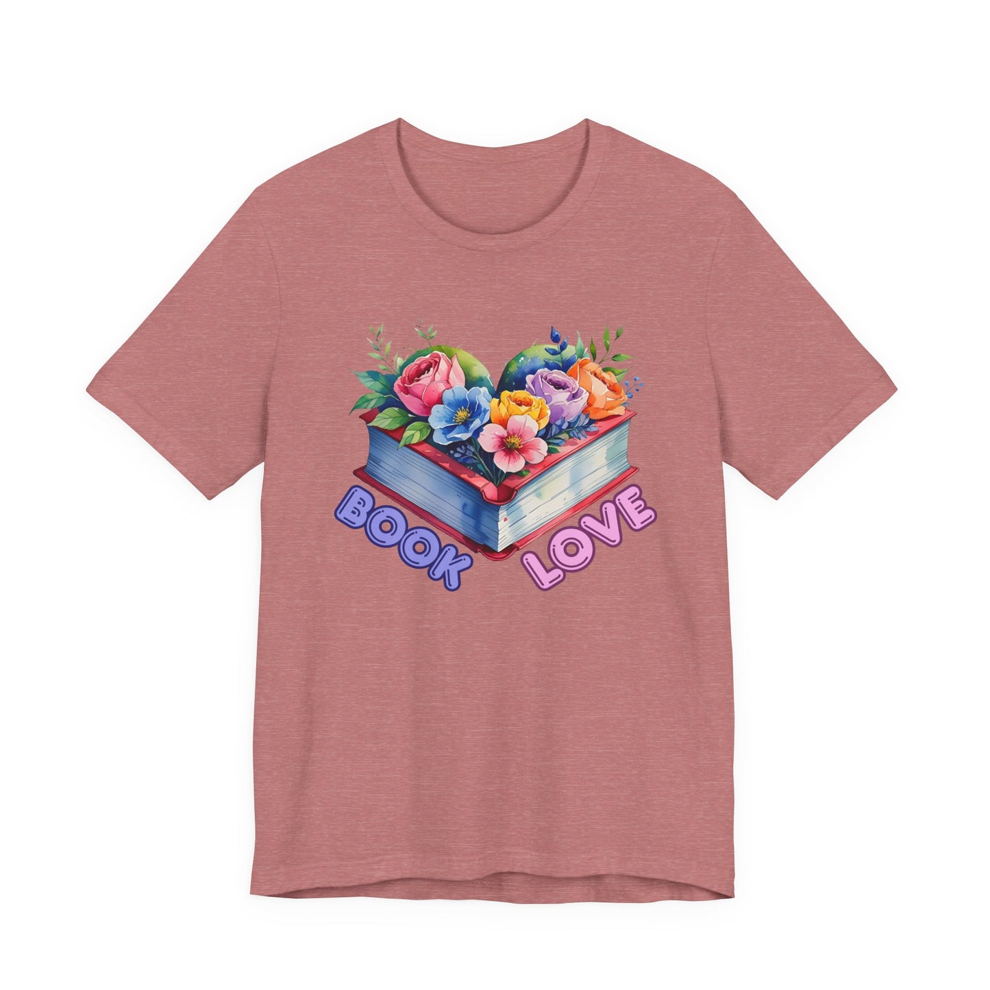 Pink t-shirt with floral design and 'Book Love' text on a white background