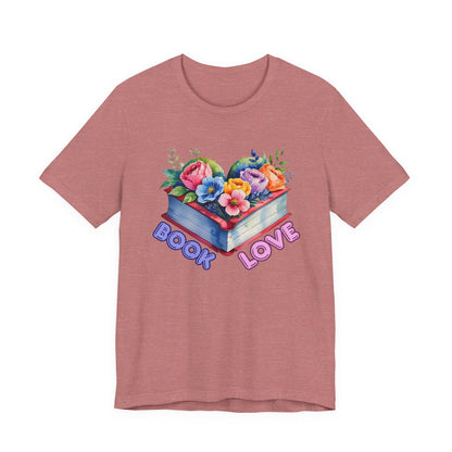 Pink t-shirt with floral design and 'Book Love' text on a white background