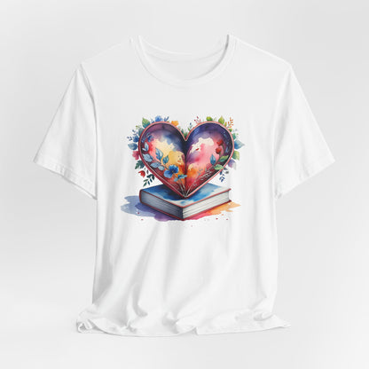 Colorful Floral Book-Love Tee With Watercolor Heart Design