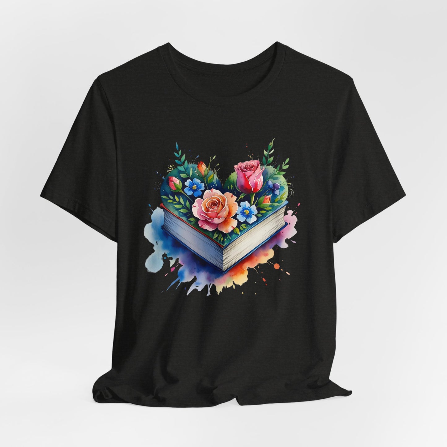 Black t-shirt with a colorful floral book design on a white background