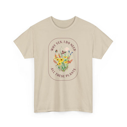 Beige t-shirt with floral design and text on a white background