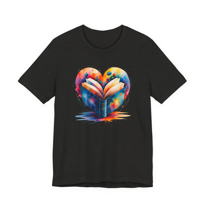 Black t-shirt with a colorful heart-shaped book design on a white background