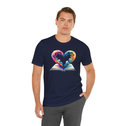 Colorful Book-Love Tee in Heart Shaped Watercolors with Space Cloud Vibes