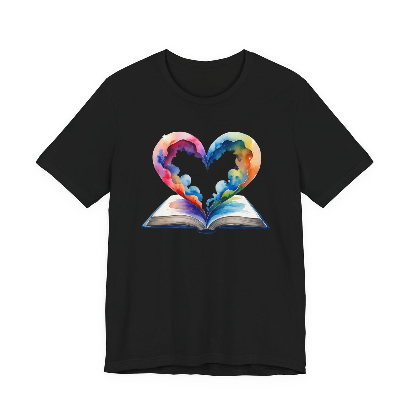 Black t-shirt with a colorful heart design on a white background