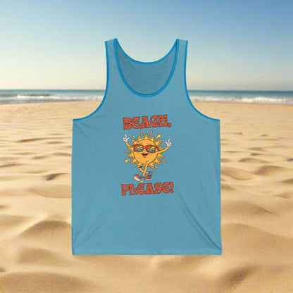 Blue tank top with a sun graphic and 'Beach, Please!' text on a beach background