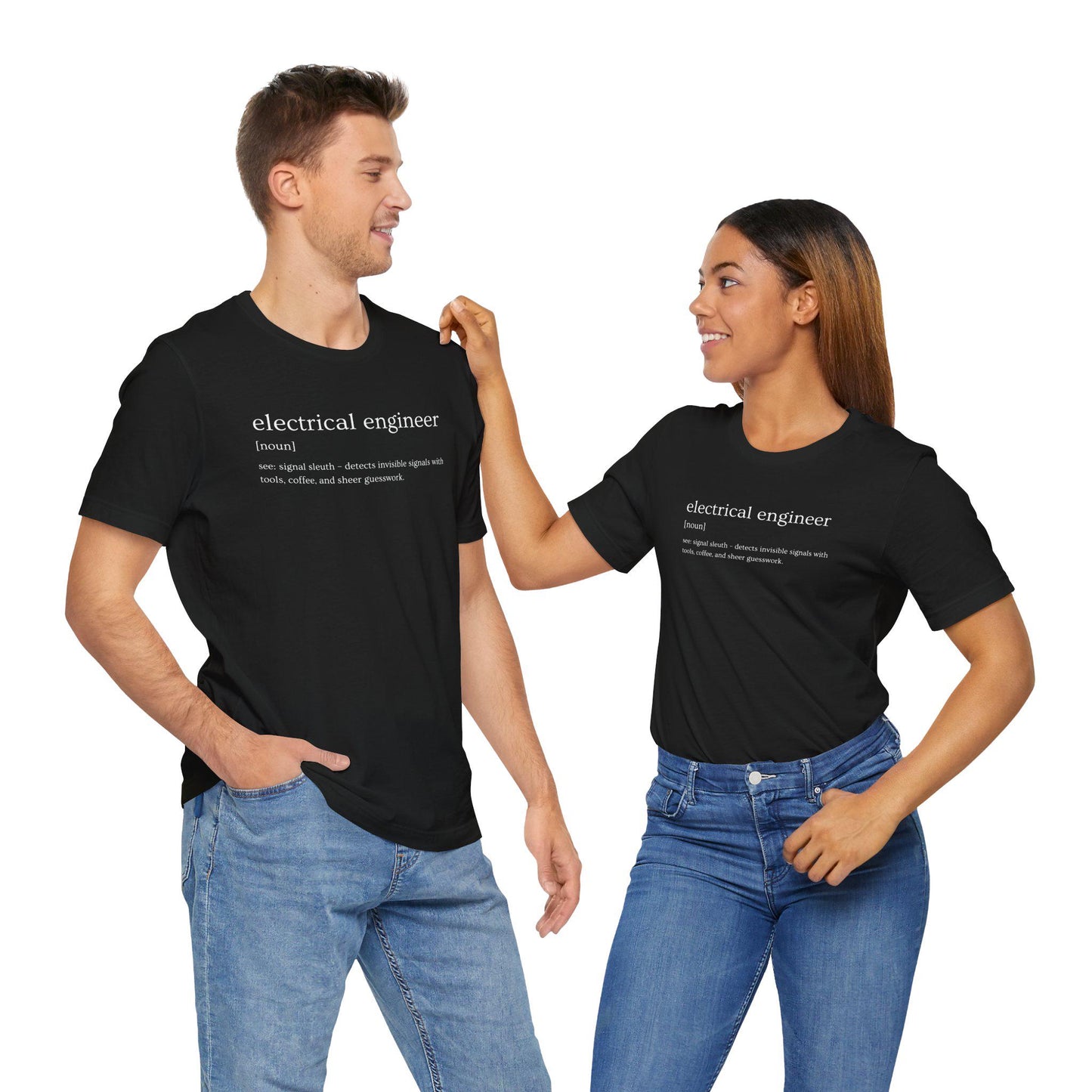 Two people wearing black t-shirts with 'electrical engineer' definition text on a white background