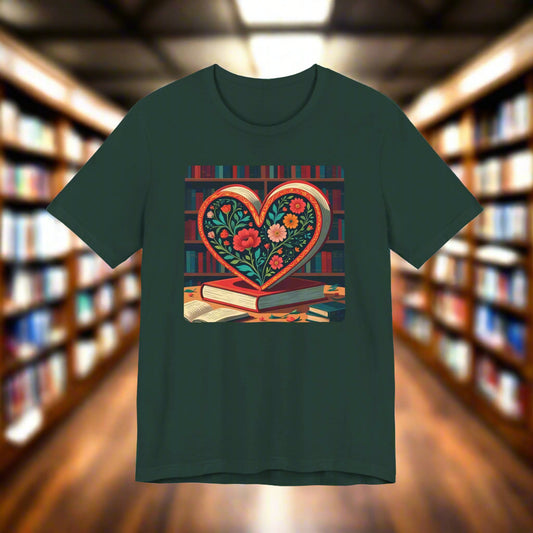 Dark green t-shirt with a heart-shaped book design featuring flowers on a white background