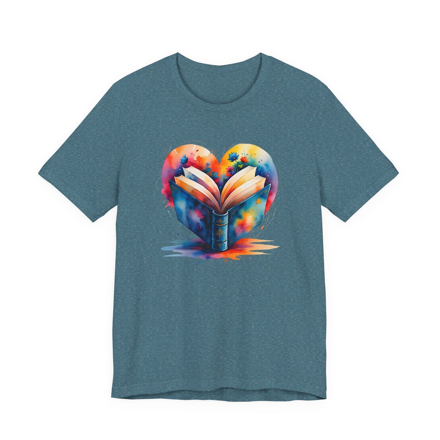 Blue t-shirt with a colorful heart design featuring a book on a white background