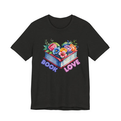 Black t-shirt with colorful floral design and 'Book Love' text on a white background