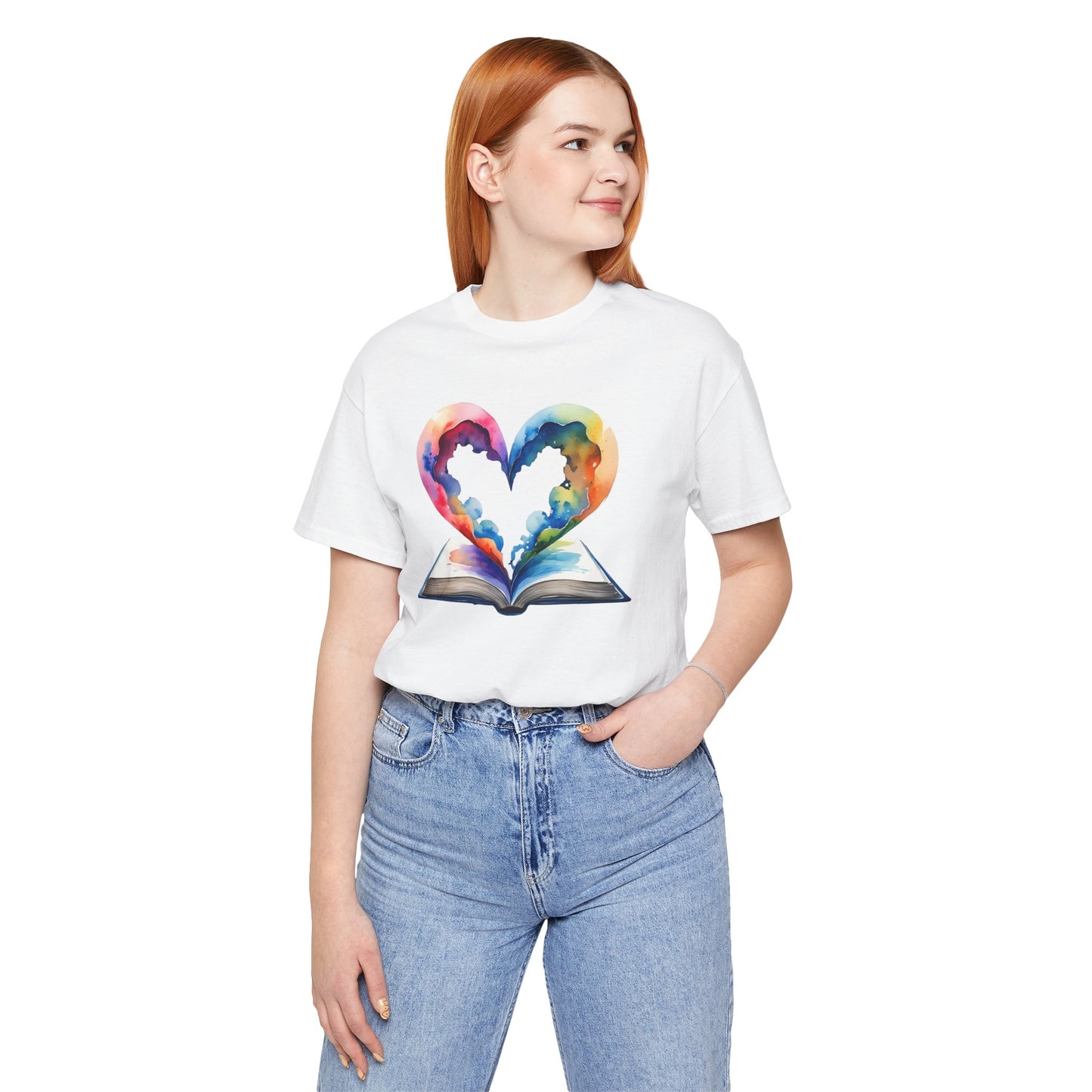 Colorful Book-Love Tee in Heart Shaped Watercolors with Space Cloud Vibes