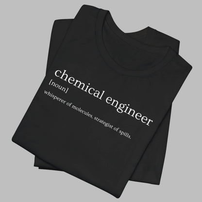 Black t-shirt with 'chemical engineer' definition text on a white background