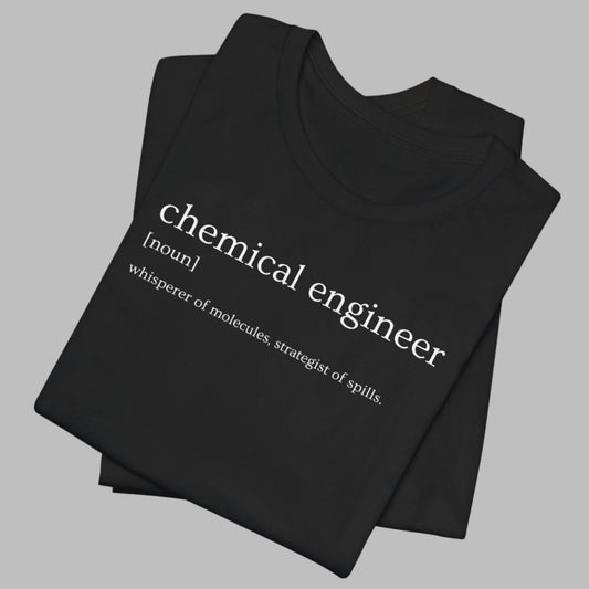 Black t-shirt with 'chemical engineer' definition text on a white background