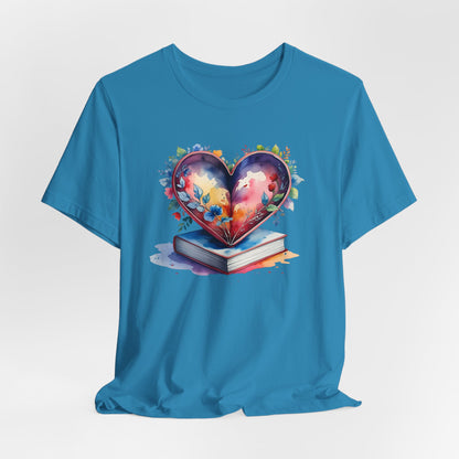 Colorful Floral Book-Love Tee With Watercolor Heart Design