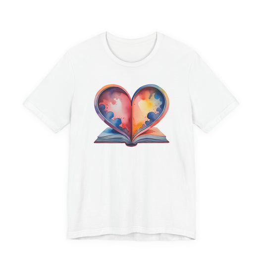 White t-shirt with a colorful heart-shaped book design on a white background