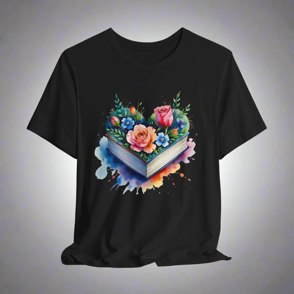 Black t-shirt with a colorful floral design on a white background
