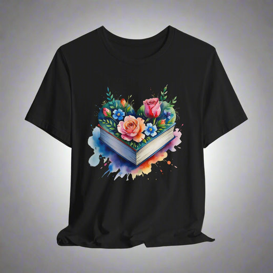 Black t-shirt with a colorful floral design on a white background