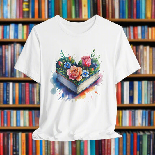 White t-shirt with a colorful heart design on a white background