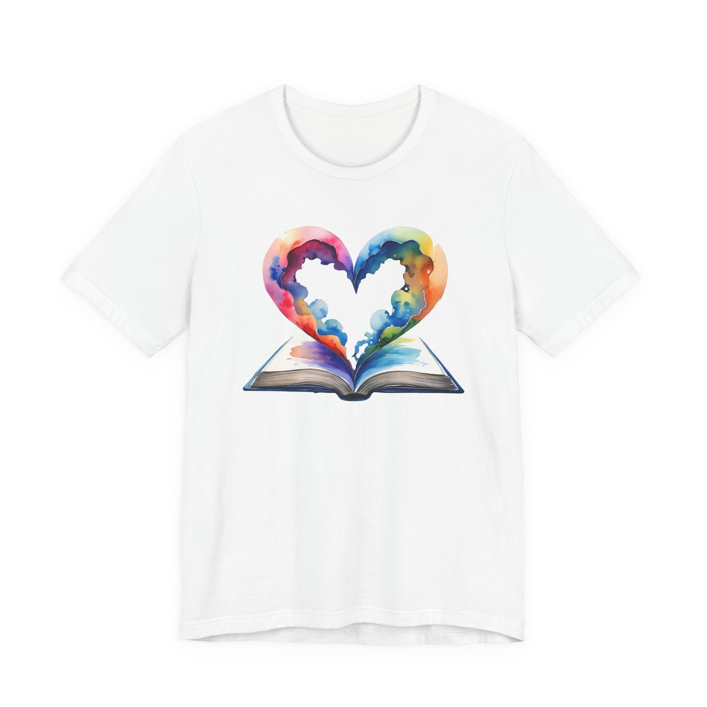 White t-shirt with a colorful heart design on an open book